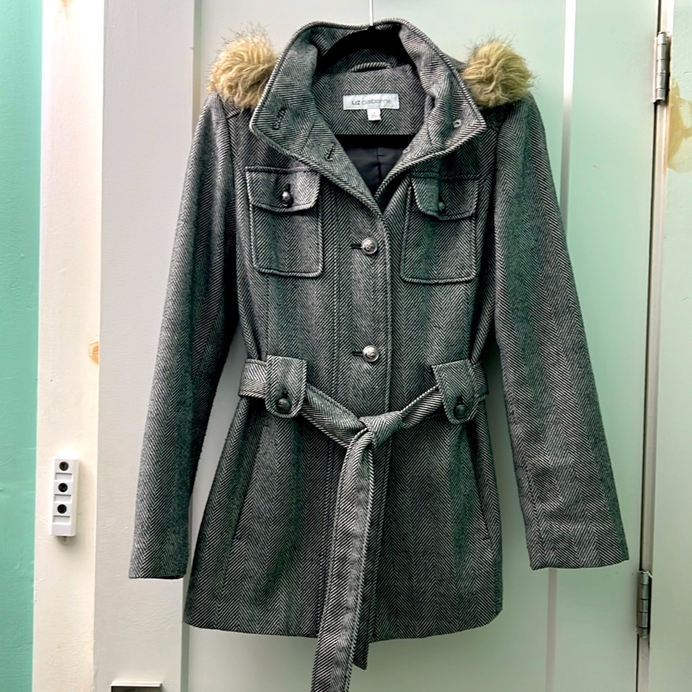 Liz Claiborne VGUC belted tweed outerwear coat